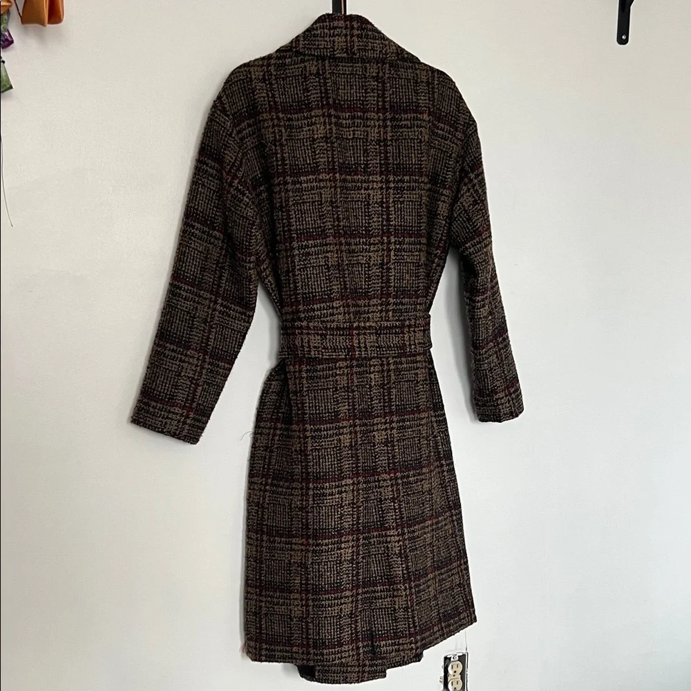 Express Tan Red Navy Tweed Plaid Coat - Picture 7 of 12